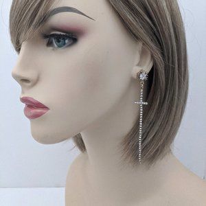 Dainty Cross Earrings Long Rhinestone Bling Gold